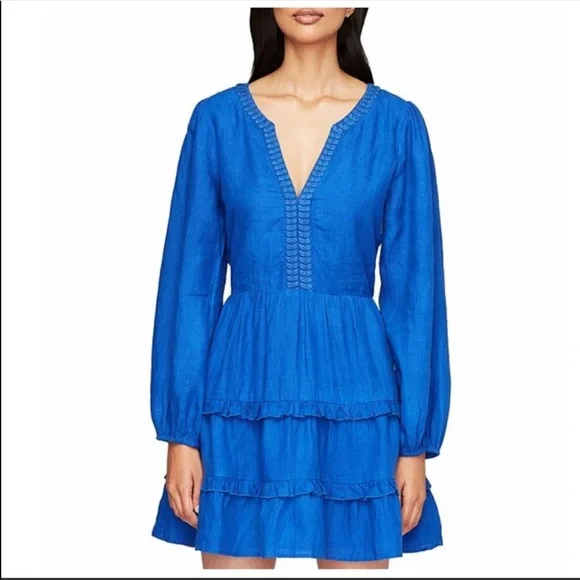 Roller Rabbit Long Sleeve Tiered Linen Naema Dress, Womens, XL, Cobalt